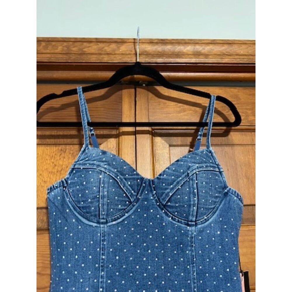 NWT IRIS Women's Denim Rhinestone Bustier Mini Dress Blue Glam Party Y2K Size M - Picture 3 of 11